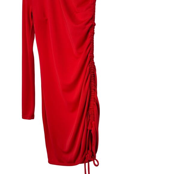 h:ours Morgan Red One Shoulder Long Sleeve Ruched Mini Dress | Size XXS - Picture 3 of 8